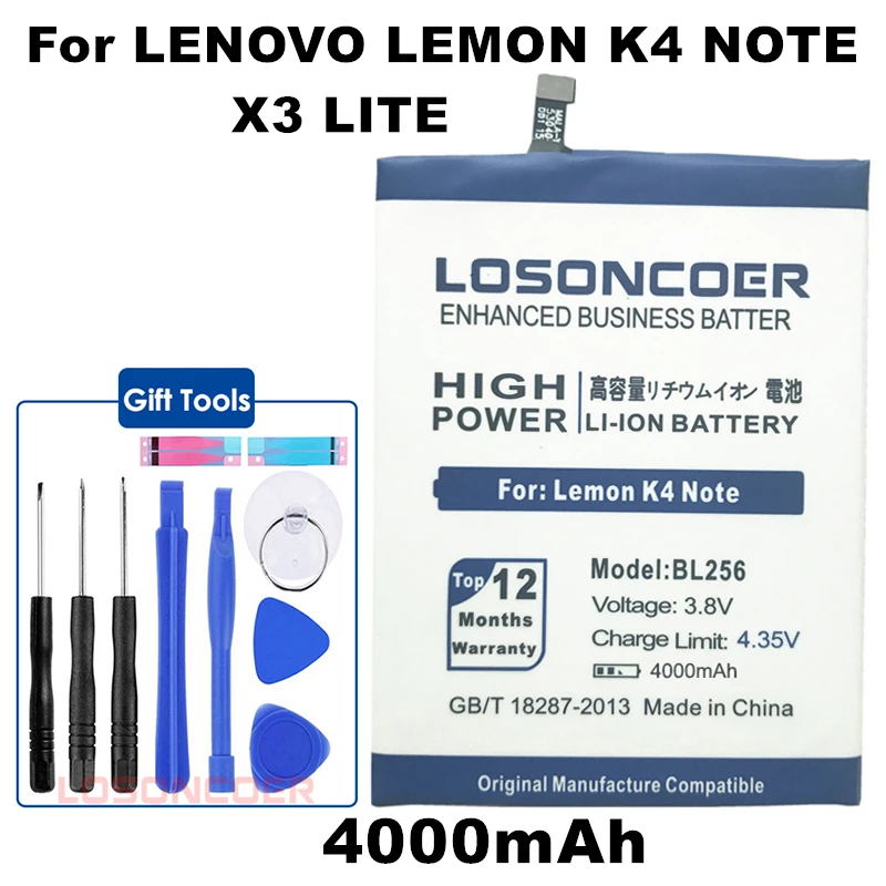 Losoncoer 4000 мА/ч высокое качество Батарея BL256 для lenovo лимон K4 Примечание K4note/X3 Lite