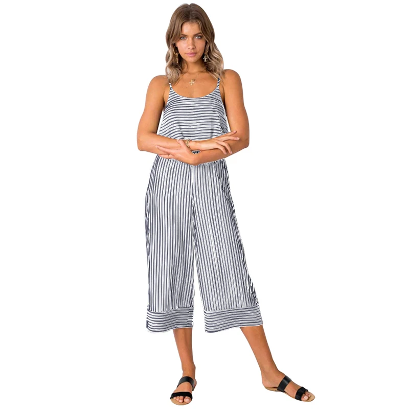Sexy Women Sleeveless Jumpsuit Striped Backless Strappy