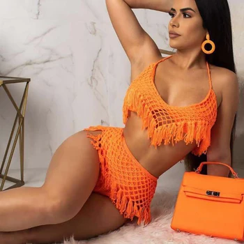 

Sexy Tassel Hollow Out Halter Beach Swimwear Short Suits Women Deep V Strap Sleeveless Short Top Backless See Through Suits