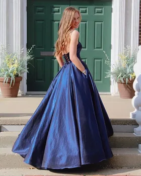 

Satin Sweetheart Prom Dresses 2019 Corset Sleeveless Pageant Party Gowns Evening Dress Long Ball Gown With Pockets
