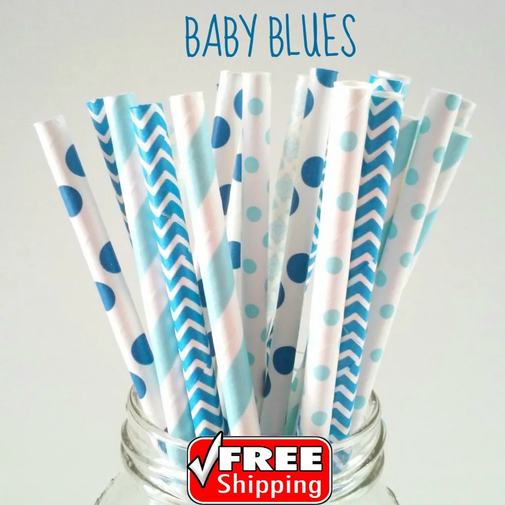 250pcs Mixed 5 Designs BABY BLUES Themed Paper Straws-Light Blue and Royal Blue-Chevron Striped Dot Damask Shower Birthday Party | Дом и сад