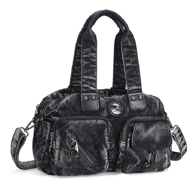 

Casual Fashion Zipper Trendy Design Black Washed Pocket Women Tote Lady Handbags Jeans Denim Shoulder Bag Messenger bags 6284