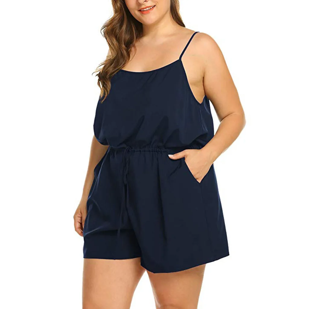 SAGACE Women Summer Plus Size Solid Sleeveless V-Neck Rompers Short Jumpsuits Rompers fashion Polyester Beach Playsuits July 17