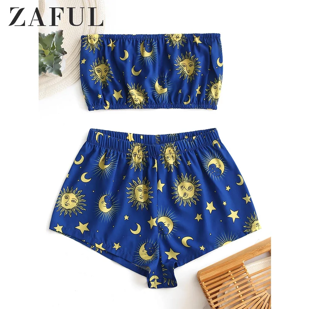 ZAFUL المرأة مجموعات ستار الشمس والقمر أنبوب رداء علوي (توب) مع سروال قصير بلا أكمام مرونة عالية الخصر الشارع الشهير شيك ملابس الصيف 2019 ZAFUL المرأة مجموعات ستار الشمس والقمر أنبوب رداء علوي (توب) مع سروال قصير بلا أكمام مرونة عالية الخصر الشارع الشهير شيك ملابس الصيف 2019
