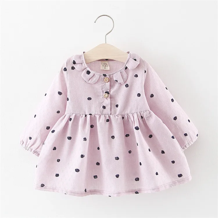 Г. Новое весеннее платье для маленьких девочек, одежда детское милое хлопковое платье в горошек с длинными рукавами для девочек от 1 до 2 лет - Цвет: Фиолетовый