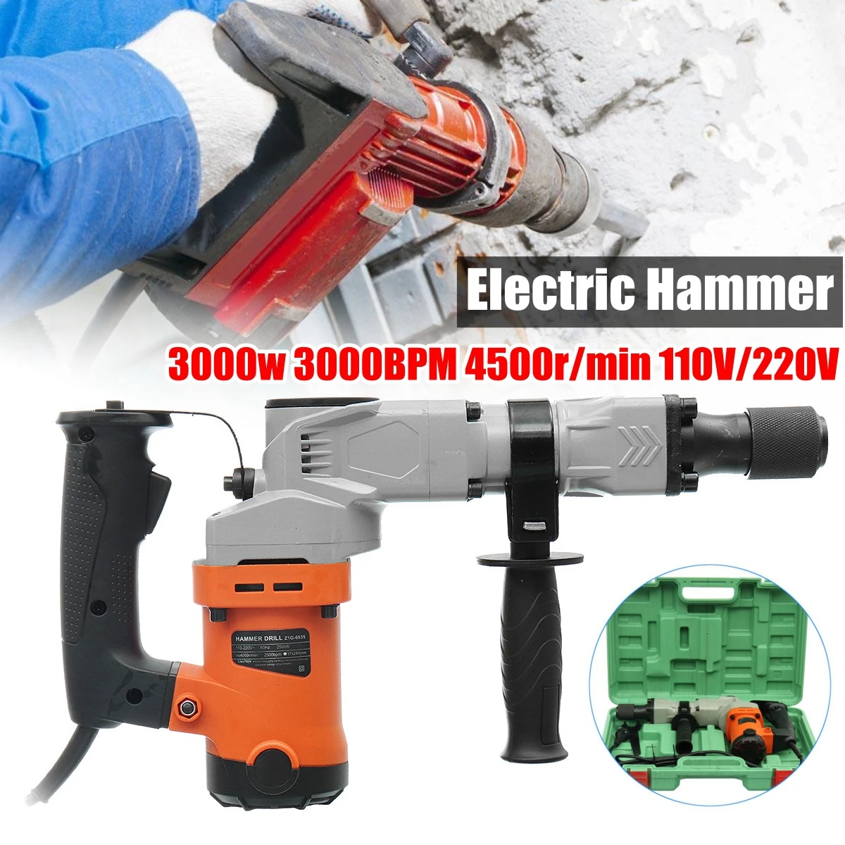 

220V Electric Drills 3000W Electric Demolition Hammer Drill Concrete Breaker Punch Jackhammer 3000BPM
