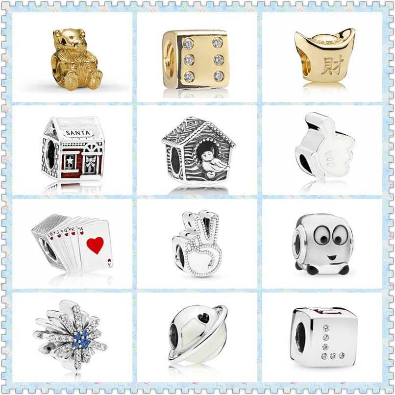 

1:1 S925 Silver Teddy Bear Dice Gold Ingot Santa's Spring Bird House Symbol Of Peace Playing Cards Charms Original Women Jewelry