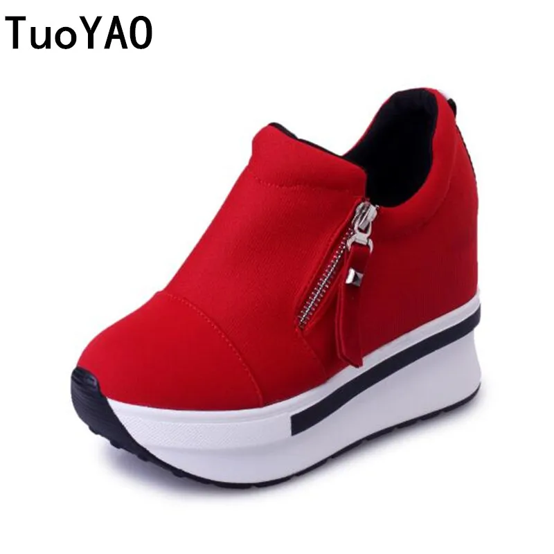 

2019 New Women Breathable Sneakers 9CM Increased Platform Shoes Casual Footwear Leisure Canvas Red Shoes Women's Vulcanize Shoes