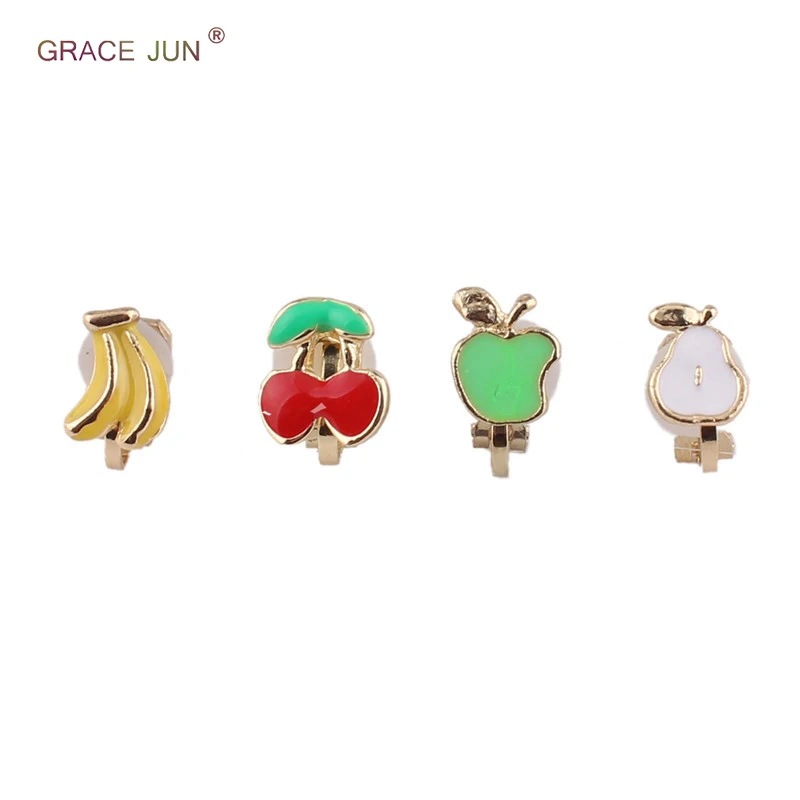 

GRACE JUN 4pcs/lots Fashion Apple Pear Banana Apple Lollipon Flower Bowknot Rabbit Rhinestone Enamel Clip on Earrings No Pireced