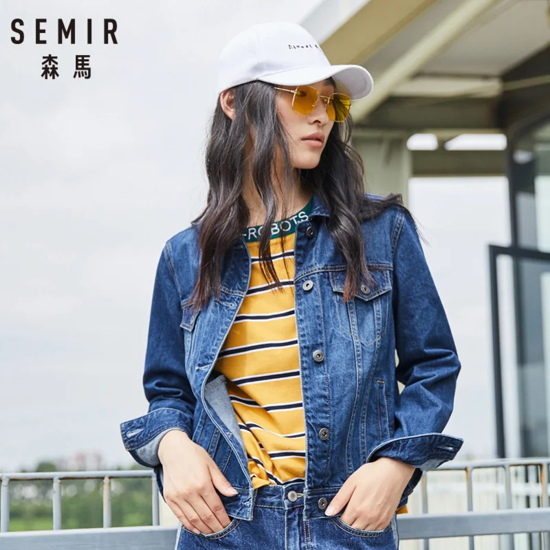 astounding SEMIR Women 100% Cotton Short Denim Jacket with Collar Girl Boyfriend Denim Jacket with Chest Pocke
