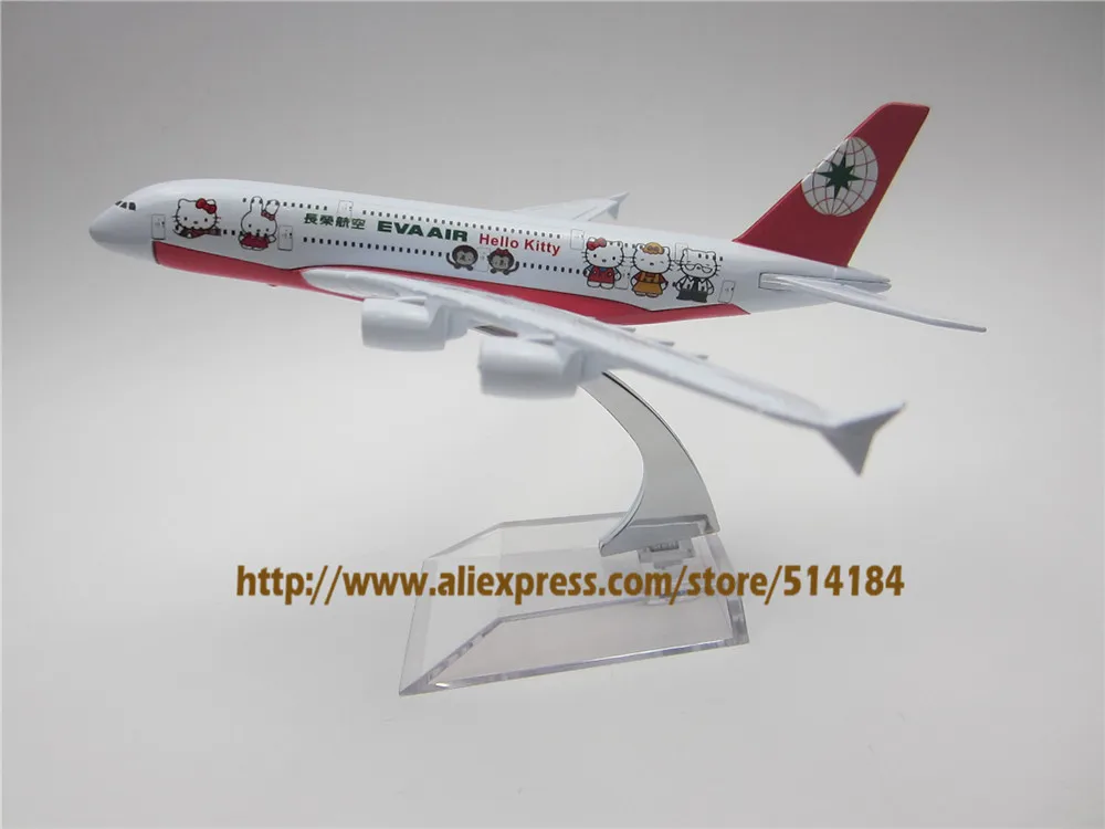 

16cm Alloy Metal TaiWan EVA Air Hello Kitty Airlines Airbus 380 A380 Airway Airplane Model Plane Model W Stand Aircraft Gift