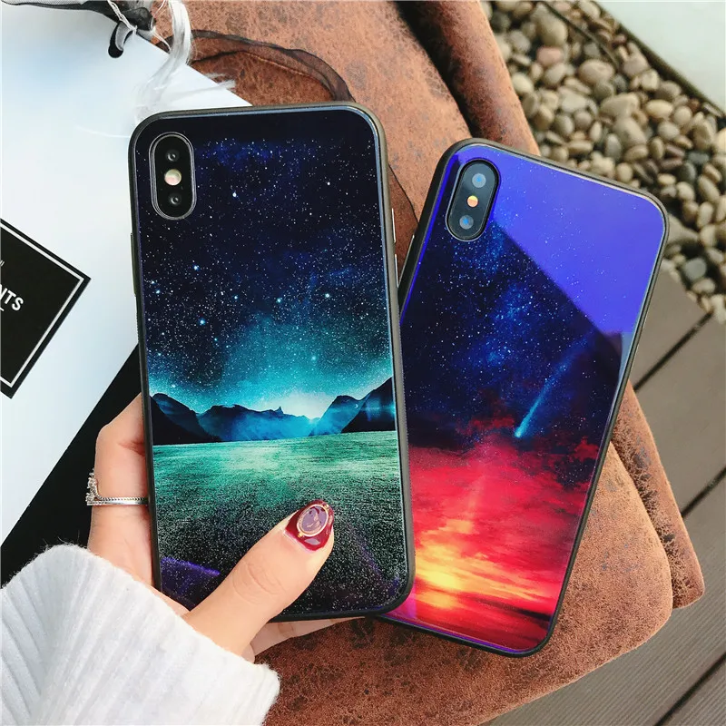 Linwei популярный стиль пейзаж фото синий стекла мобильный телефон оболочки для iPhone