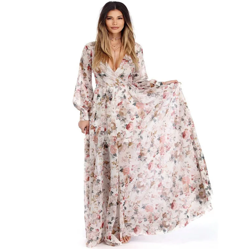 

Boho style long dress women beach summer dresses Floral print Vintage chiffon white maxi dress vestidos de festa