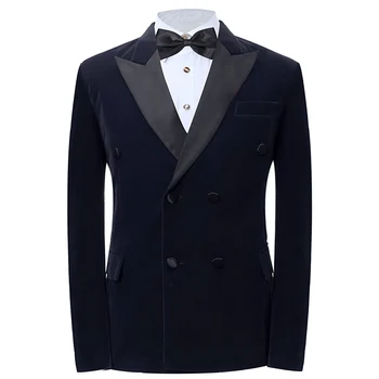 

Velvet Casual Slim Fit Men Suits with Black Peaked Lapel Double Breasted Two Piece Wedding Tuxedos (Jacket + Black Pants )