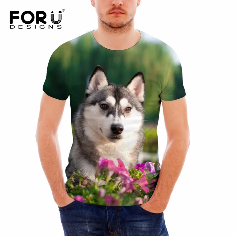 FORUDESIGNS Cute 3D Animal Husky Printing Men O Neck T Shirts Casual