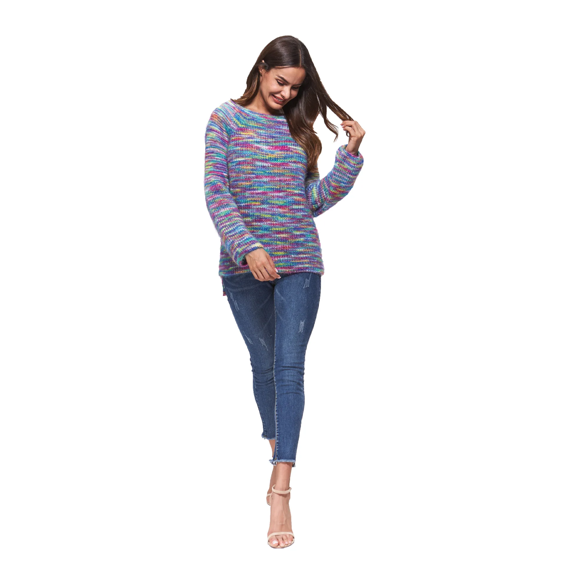 2019 для женщин's свитеры для Kawaii колледж конфеты цвета радуги в полоску Moon наборы ухода за кожей вышивка свитер женская одежда