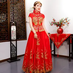Летние Шорты рукавом платье невесты Vestidos Винтаж леди вышивка Cheongsam костюм красный Восточный Стиль Свадебные Qipao Плюс размеры 3XL