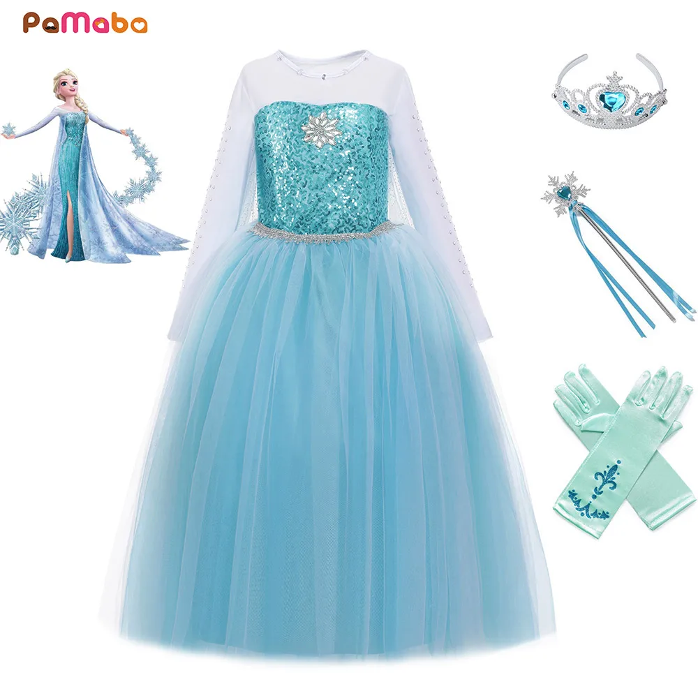 PaMaBa/наряд Снежной Королевы для девочек на Хэллоуин, День рождения; платье принцессы Эльзы с длинными рукавами и блестками; праздничная одежда; Детский карнавальный костюм