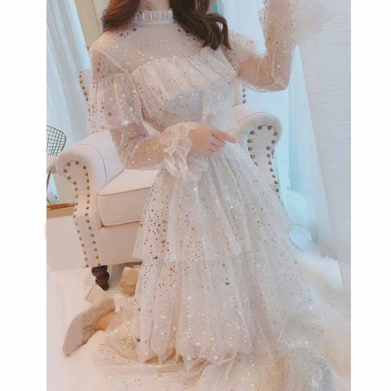 

Sweet Women Mesh Dress Elegant Flare Sleeve Cake Dress Solid Color Ruffles Star Sequins Dress