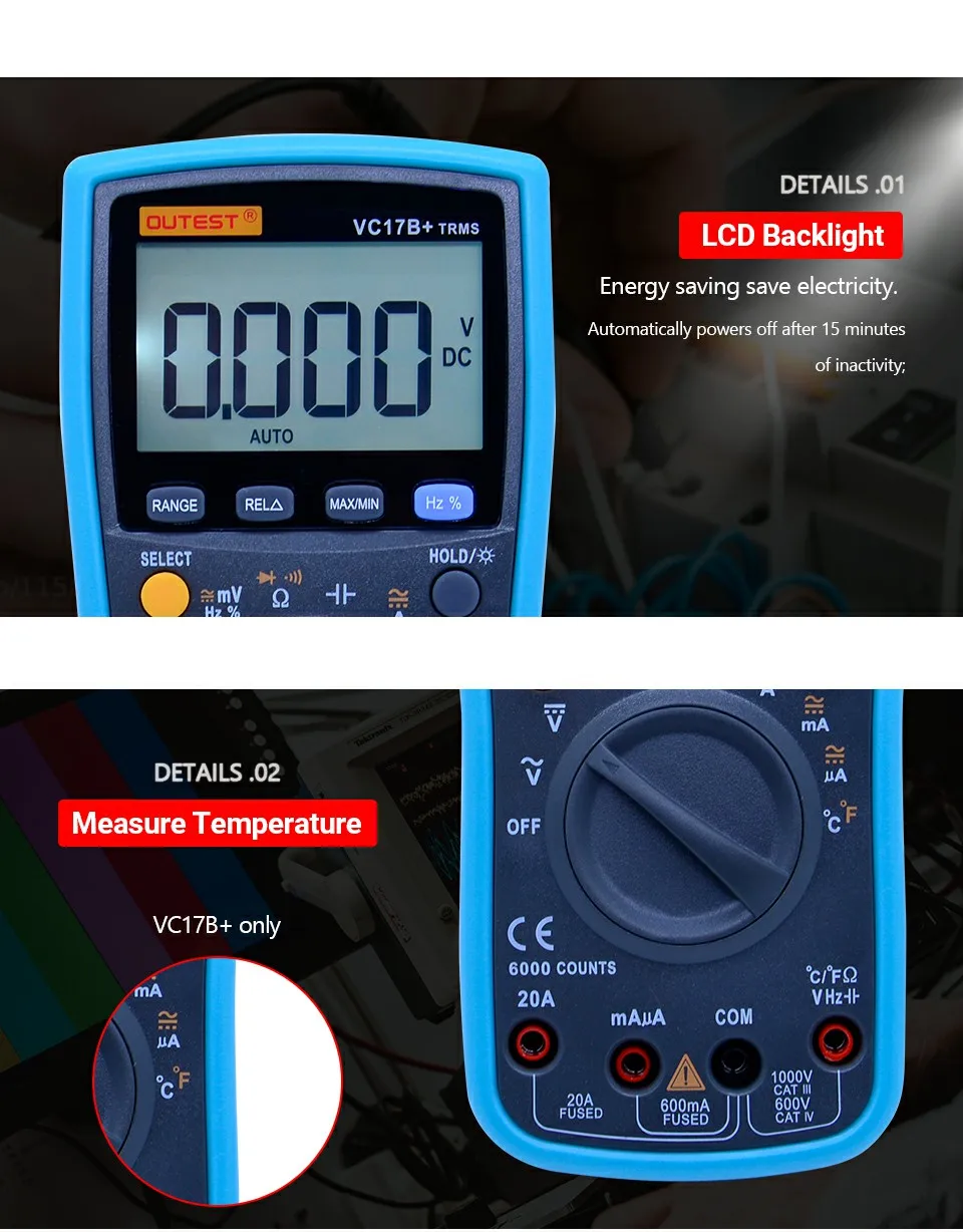 VC17B+ цифровой мультиметр 6000 отсчетов подсветка True RMS измерение AC/DC Амперметр Вольтметр Сопротивление Емкость Ом инструмент тестирования