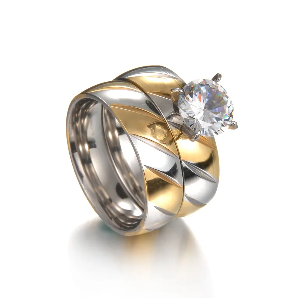 6mm x2 Romantic Wedding Ring White Zircon Gold-Color Stainless Steel Couple Rings for Lover Engagement Party Jewelry Gift
