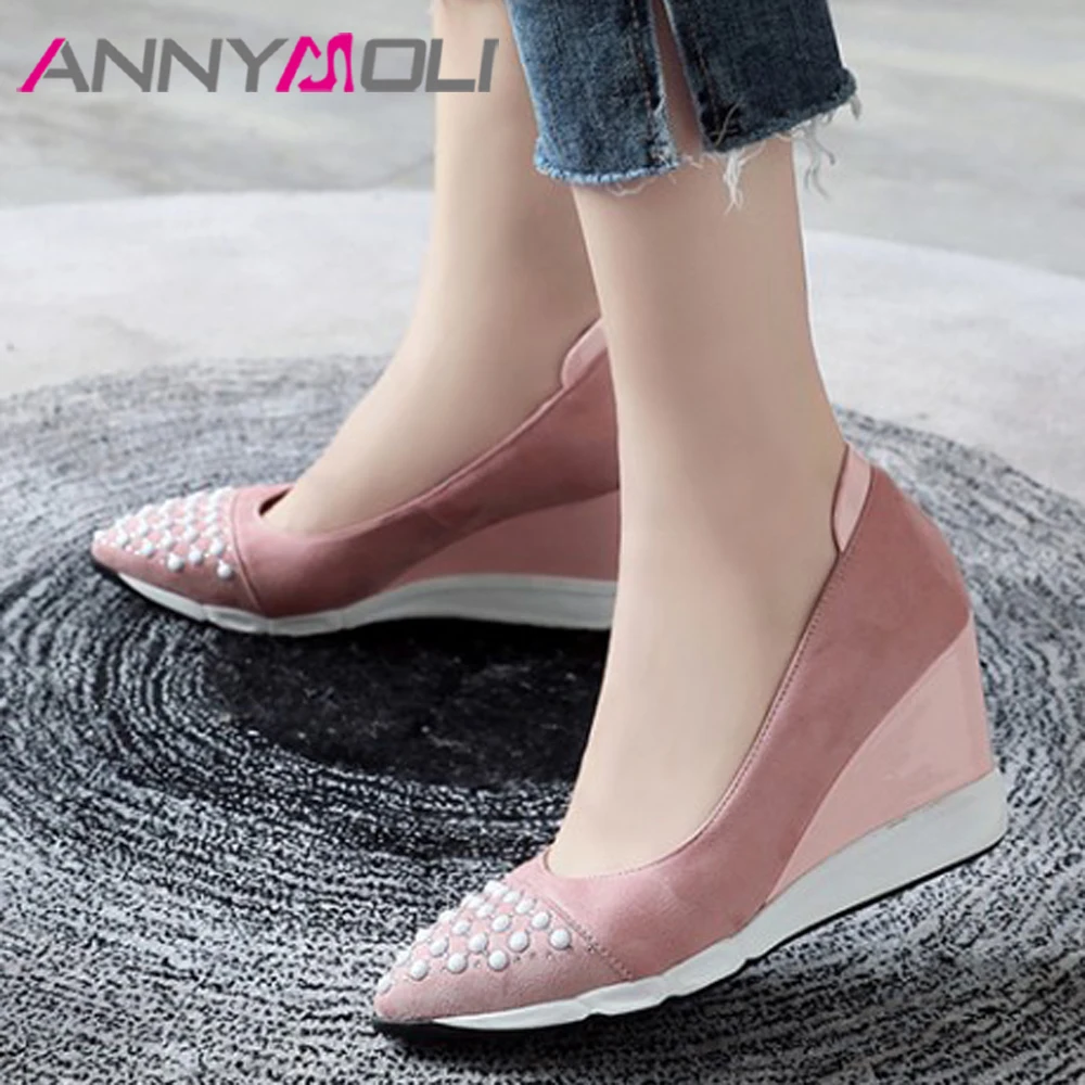 

ANNYMOLI Women Shoes High Heels Platform Wedges High Heels Shoes Pearl Pointed Toe Party Pumps Lady Spring Black Pink Size 34-40