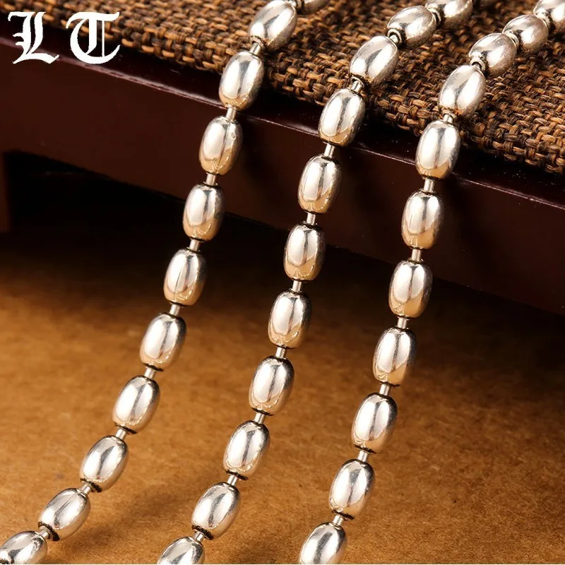

LT 925 Sterling Silver Necklace Men Vintage Long Round Rice Grain Shape Men's Chain Necklace Retro Sterling Jewelry For Male