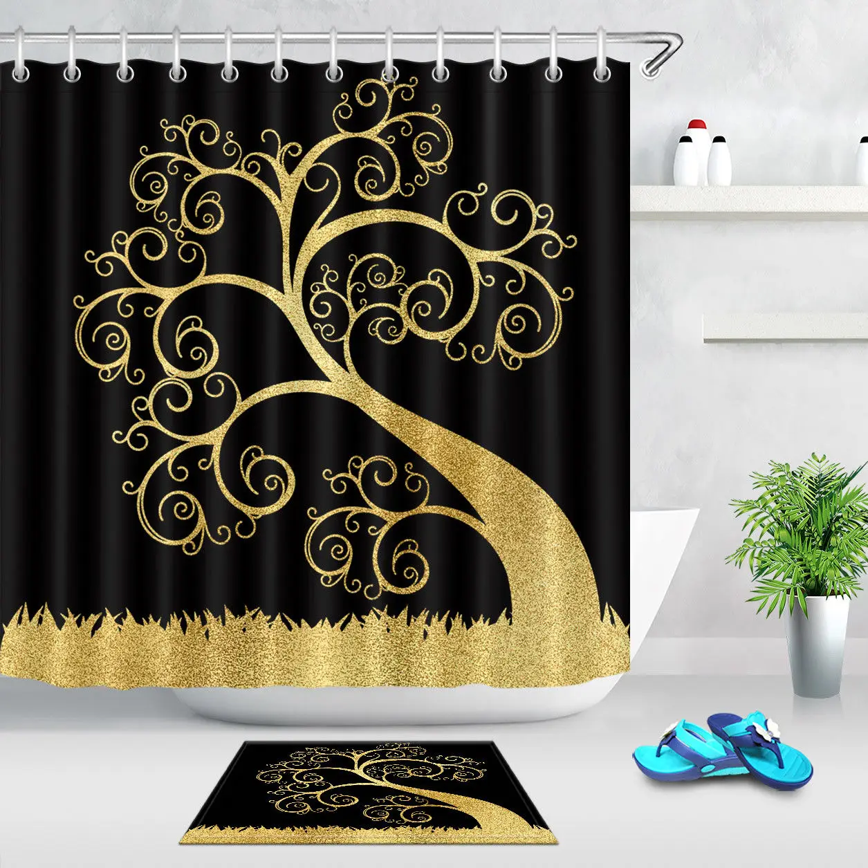 Black and Gold Shower Curtain Set Tree Print Fabric Bathroom AccessoriesShower Curtains