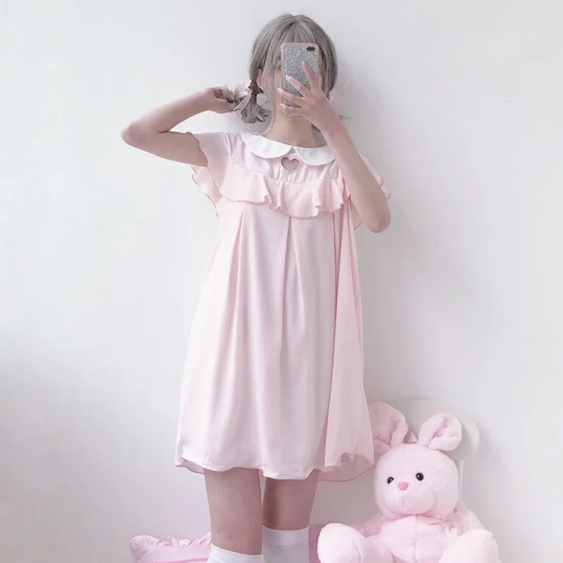 

2019 Summer Dress Women's Japanese Sweet Tens Girls Peter Pan Collar Ruffled Playful Dress Fresh Student Kawaii Cute Dress