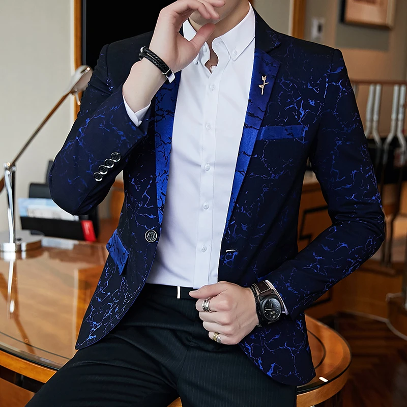 Роскошный мужской пиджак для вечеринки, выпускного, высокое качество, Тонкий Блейзер, синий, красный, черный, с принтом, пиджак, повседневный модный мужской пиджак для свадьбы