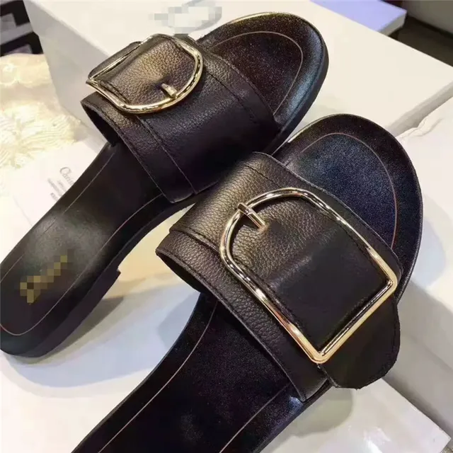 17夏のサンダル女性fashinal高級デザイナーモデルスリッパ本物の牛本当に革レディー靴d優れたスリッパ Cow Leather Slippers Cow Slipperswomans Slippers Lady Aliexpress