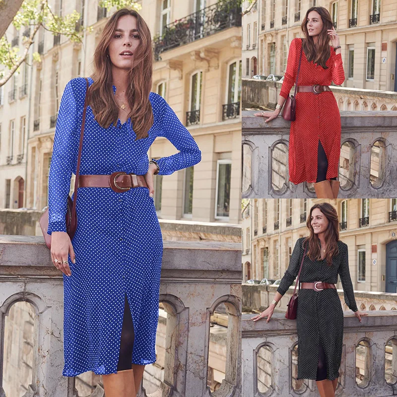 

Polka dot dress women spring chiffon dress england style full sleeve casual party evening party dress female elegant dresses