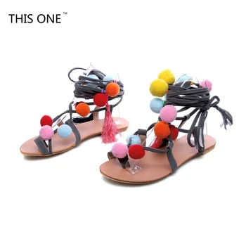 

THIS ONE 2018 Sandalias Pompones Suede Pom Pom Gladiator Sandals Women Lace up Knee High Flat Sandal Women Shoe Summer Brown