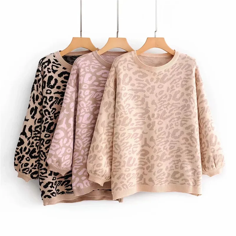 Женский осенний свитер с леопардовой раскраской, женский зимний модный теплый джемпер, Женский винтажный пуловер с круглым вырезом, три цвета, sueter mujer