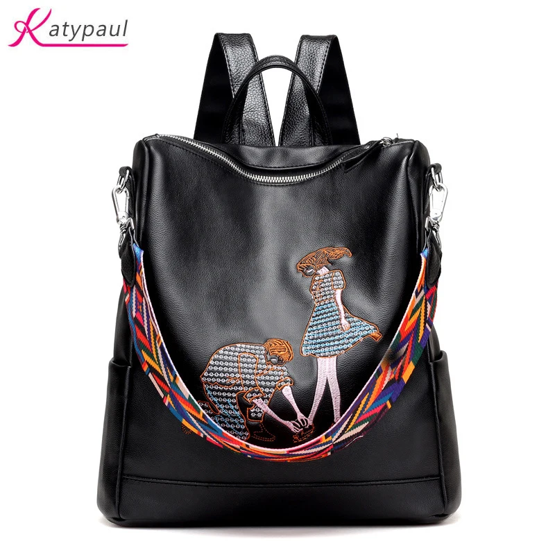 New Fashion Pu Leather Backpack Women Embroidery School Bag For Teenage Girls Brand Ladies Big Backpacks