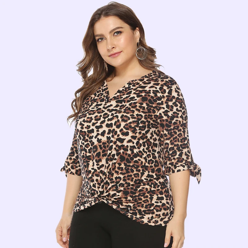 

2019 Big Size Women Fashion Leopard T shirt V Neck Bow 3/4 Sleeve Kink Plus Size Lady Casual Tops Camiseta Mujer XXXL 4XL