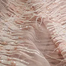 15 ярдов персиковый розовый блестки кружевная ткань с 3D перо супер деликатный 3D бусины Свадебная кружевная ткань, haute кутюр кружевная ткань