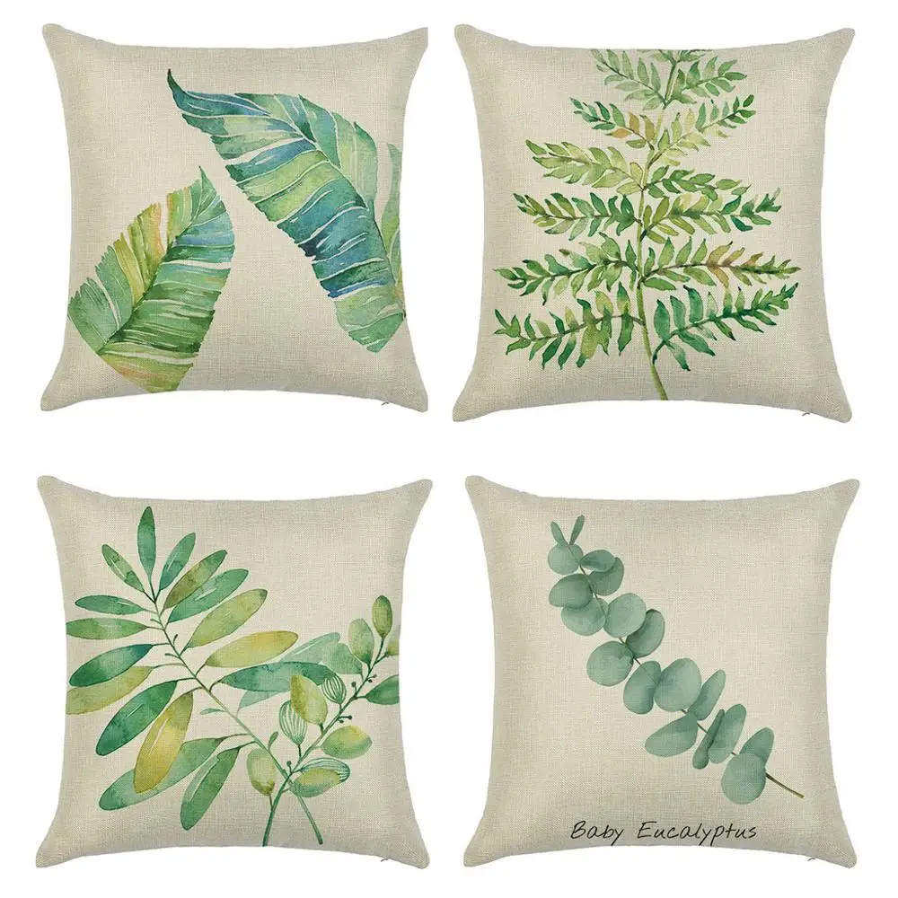 

4PC Green Plant Linen Printed Pillowcase Simple Fashion Throw Pillow Cases Cafe Pillow Case Green Leaves Pillow Case