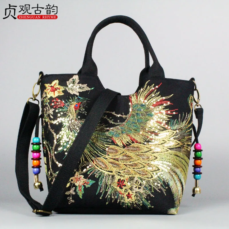 

Peacock Ethnic Embroidery Women Tote Handbag High Capacity Glittering Yunnan Handmade Canvas Crossbody National Style Hand Bags