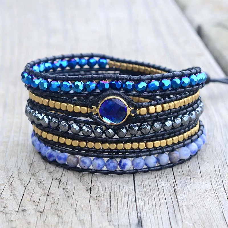 

New Vegan Non-leather Vintage Bracelet Natural Stone 5-Strand Wrap Bracelet Dropshipping