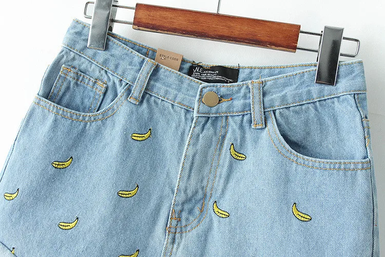 Стиль, весна-лето, модные женские джинсовые шорты с вышивкой банана, джинсовые шорты с высокой талией на молнии, повседневные шорты, Лидер продаж