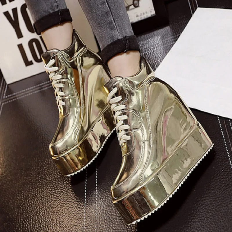

With 12cm high new muffin thick bottom with round head short boots gold and silver wedge with high heel women's boots