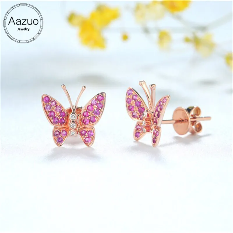 

Aazuo 100% 18K Rose Gold Natural Ruby Real Diamonds IJ SI Micro Paved Jewelry Butterfly Stud Earring Gift For Women Au750