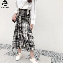 FOLOBE Фирменная Новинка уличная Готический мода плед кисточкой высокая тонкая талия юбка осень зима асимметричный длинные юбки для женщи