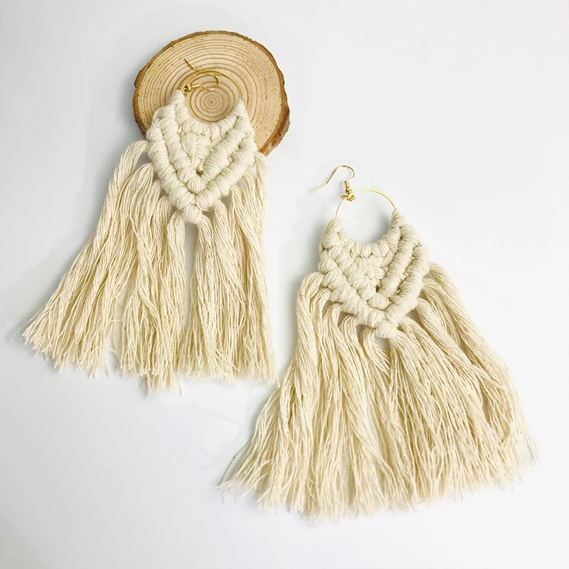 Cpop Elegant Fashion Handmade Weave Macrame Earring Wedding Jewelry Ethnic Feather Fringe Tassel Earrings Hot Bridesmaid Gifts