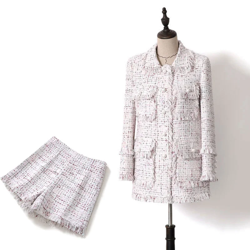 

2019 Spring Autumn New Elegant Tweed Suit 2 Pieces Set Women Medium Long Pearls Tassel Loose Blazer Coat+shorts Y124