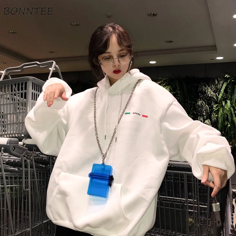  Hoodies Women Thicker Warm Funny Cartoon Print Trendy Pocket Korean Loose Simple All-match Ladies S