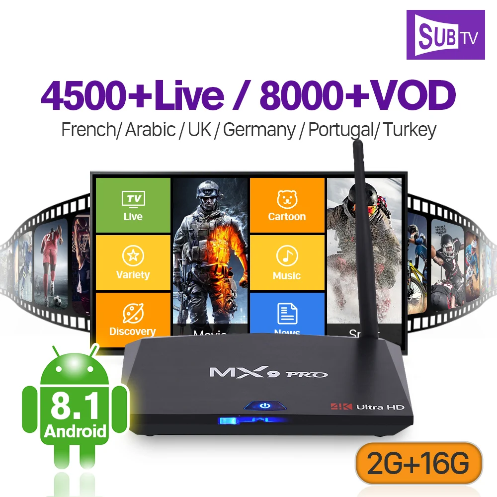 

Box Android 8.1 MX9 Pro Support BT Dual-Band WiFi 2G 16G Subscription IP TV Code 1 Year Full HD Live SUBTV France Arabic Italy