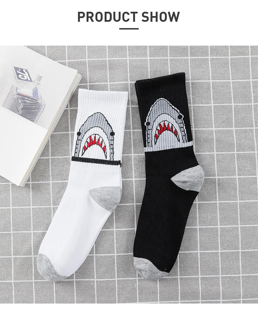 Модные носки в стиле хип-хоп с акулой для мужчин и женщин, Длинные носки с героями мультфильмов в стиле хип-хоп, уличные спортивные носки для скейтборда, черные, белые носки