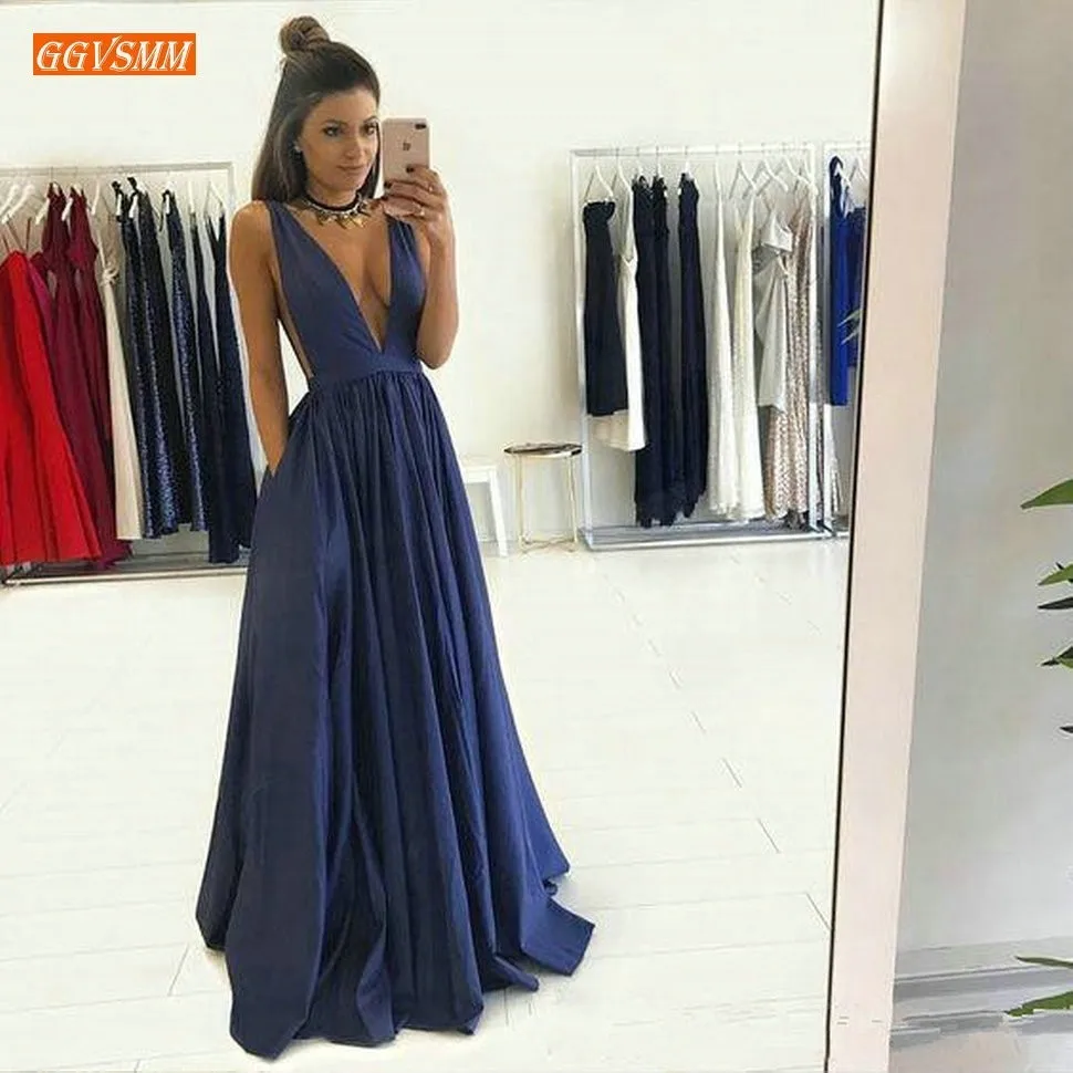 

Sexy Deep V Neck Sleeveless A Line Evening Gown 2019 Navy Blue Long Formal Dress Floor Length Customized Evening Party Dress